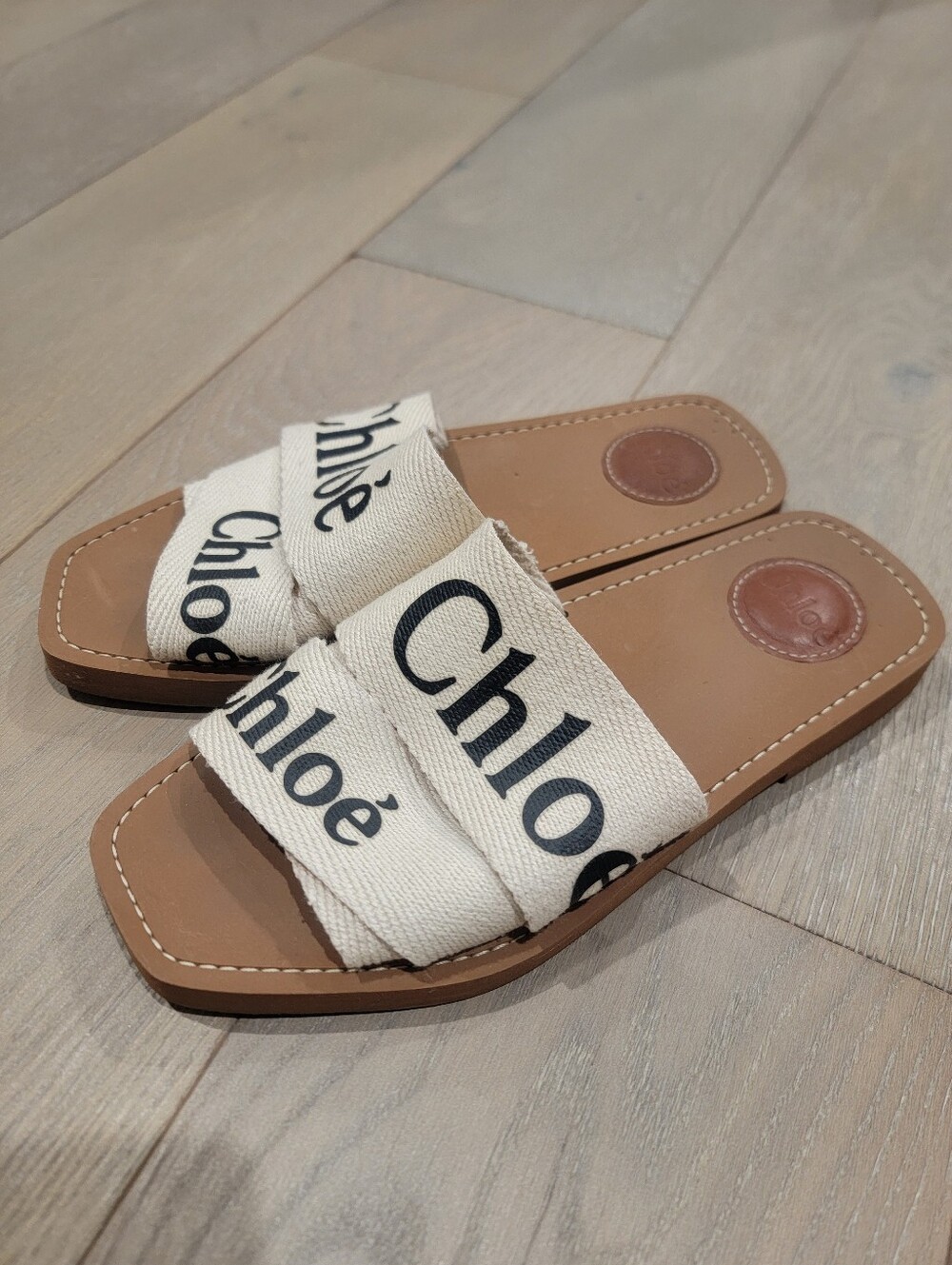 Chloe Woody Flat Logo Ribbon Slide Sandals, Size 37